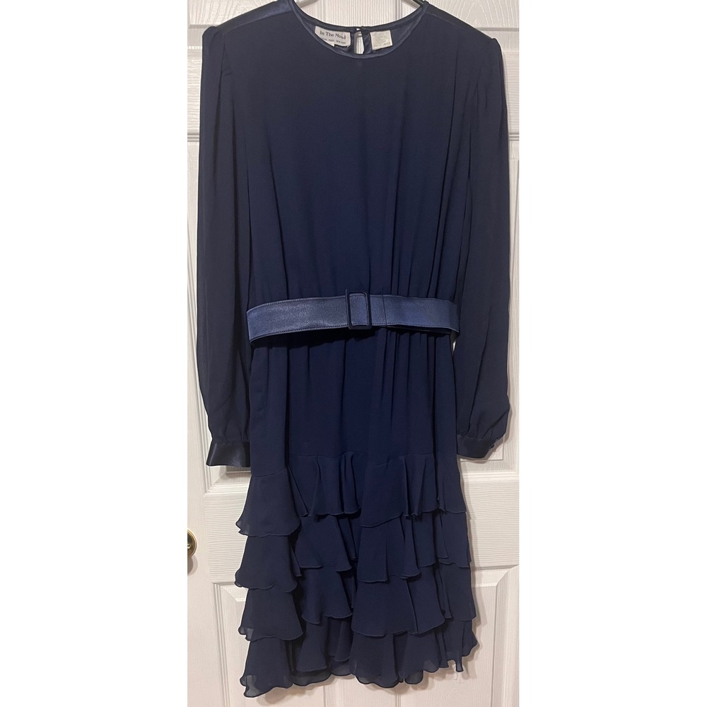 In The Mood Vintage Navy Blue Tiered Ruffle Midi Dress with Belt Womens Size 16